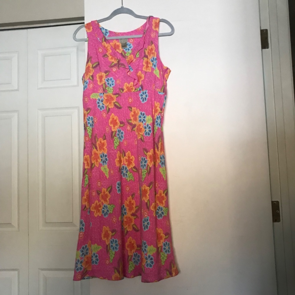 Sigrid Olsen Sport Dress 12 Floral Midi V-Neck pink y2k ruffles tropical Barbie